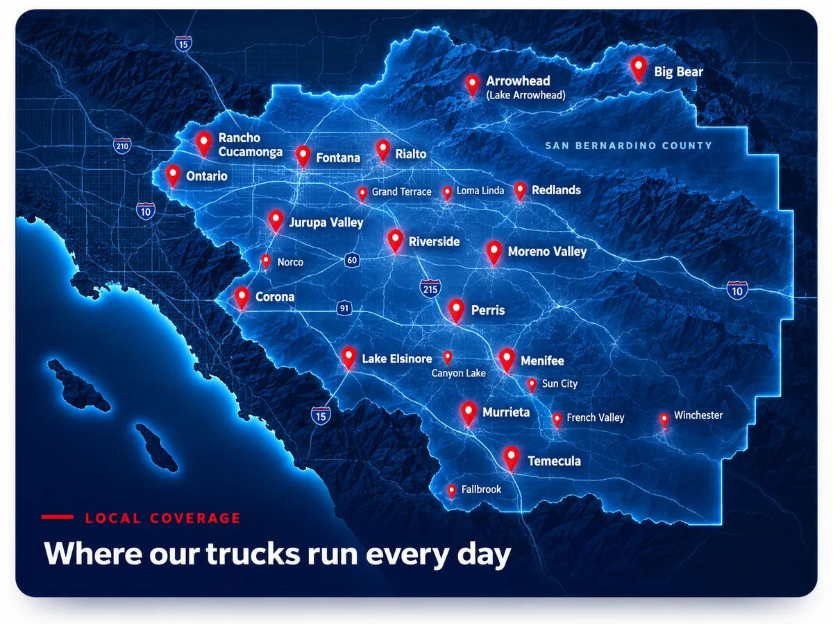 Coverage map showing Riverside, Corona, Moreno Valley, Temecula and the surrounding Inland Empire cities Elite Plumbing Pros serves
