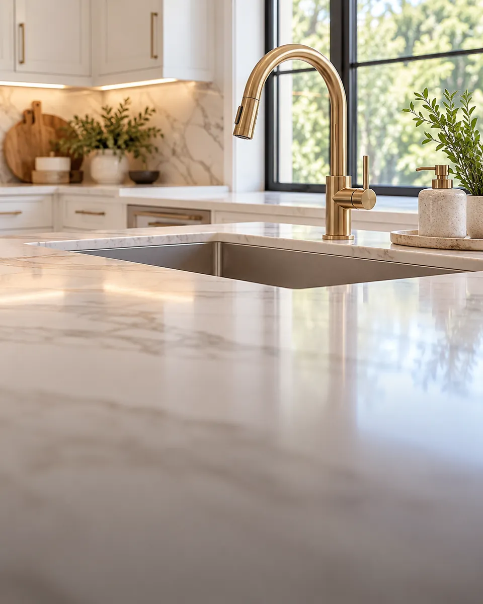 Modern kitchen with marble countertop and brass faucet