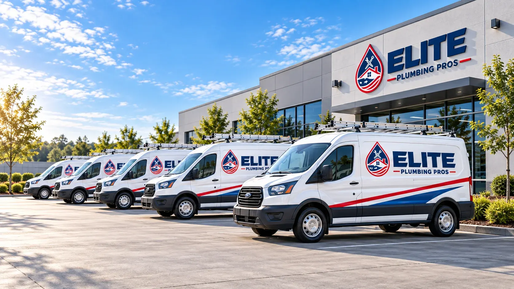 Elite Plumbing Pros fleet of branded service vans in Riverside